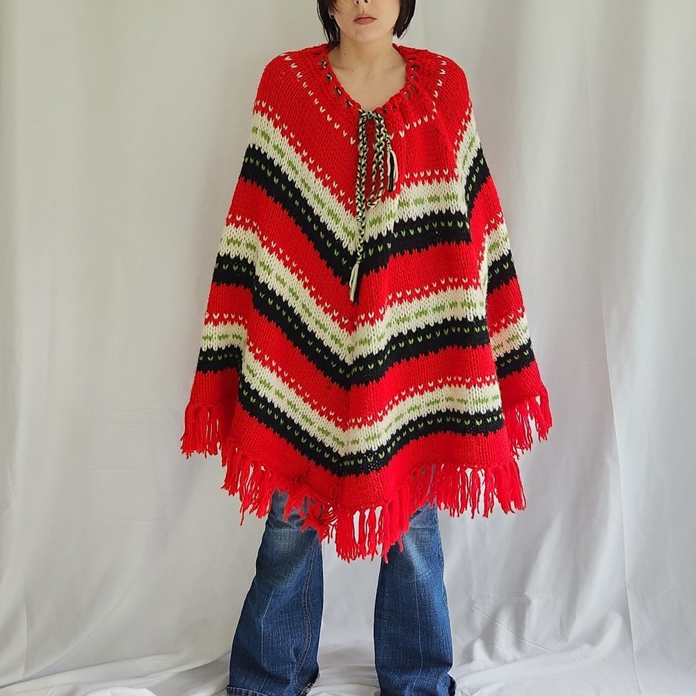 70s‎ Red, Black, and White Striped Poncho